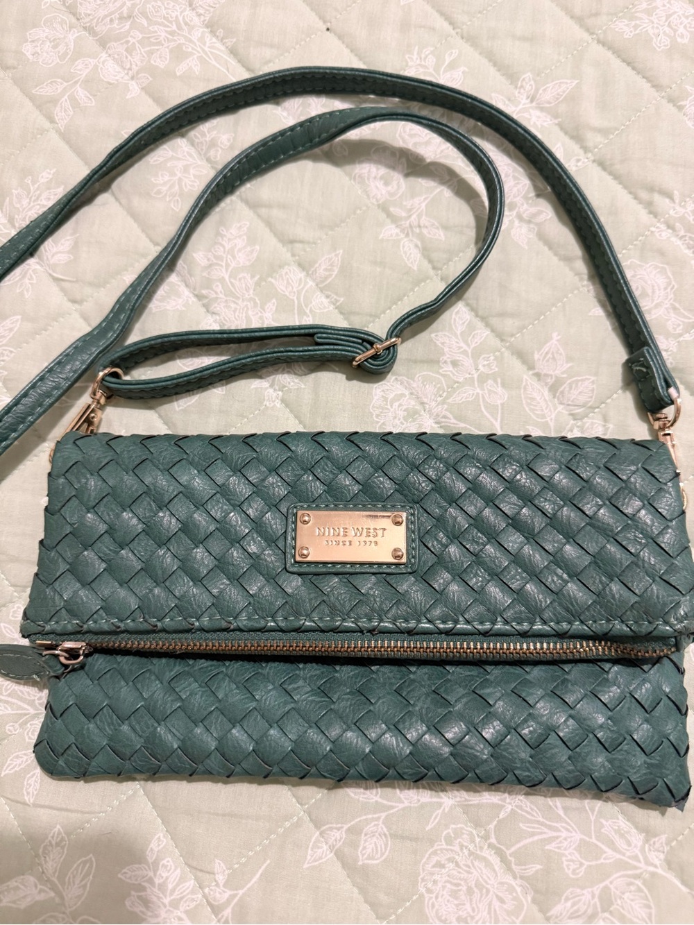 Nine West Teal Woven Fold-Over Crossbody Bag